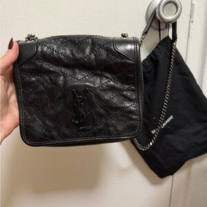 Authentic Saint Laurent YSL Black Crinkled Leather Niki Chain Crossbody Bag